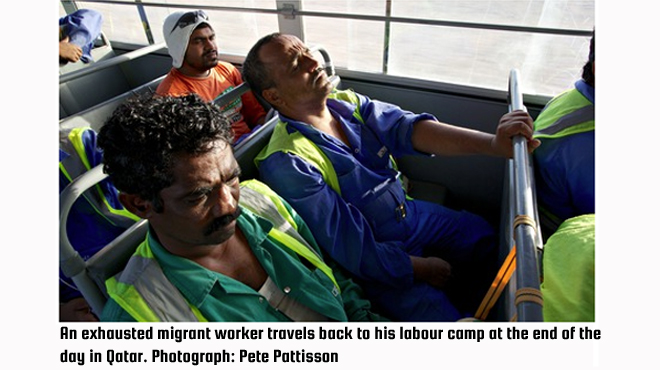 An exhausted migrant worker travels back to his labour camp at the end of the day in Qatar. Photograph: Pete Pattisson
